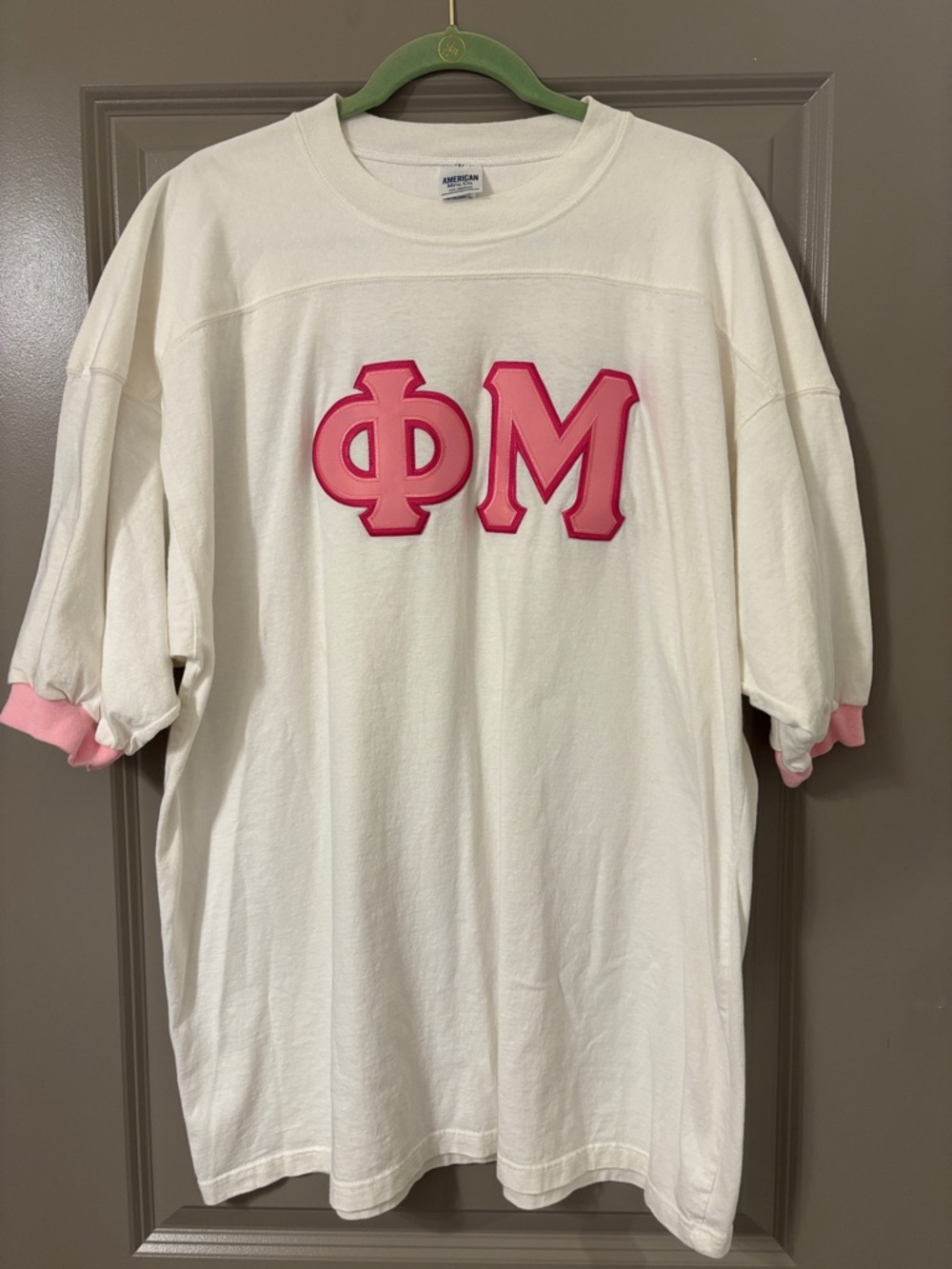 Phi Mu White Tee with Pink Greek Letters